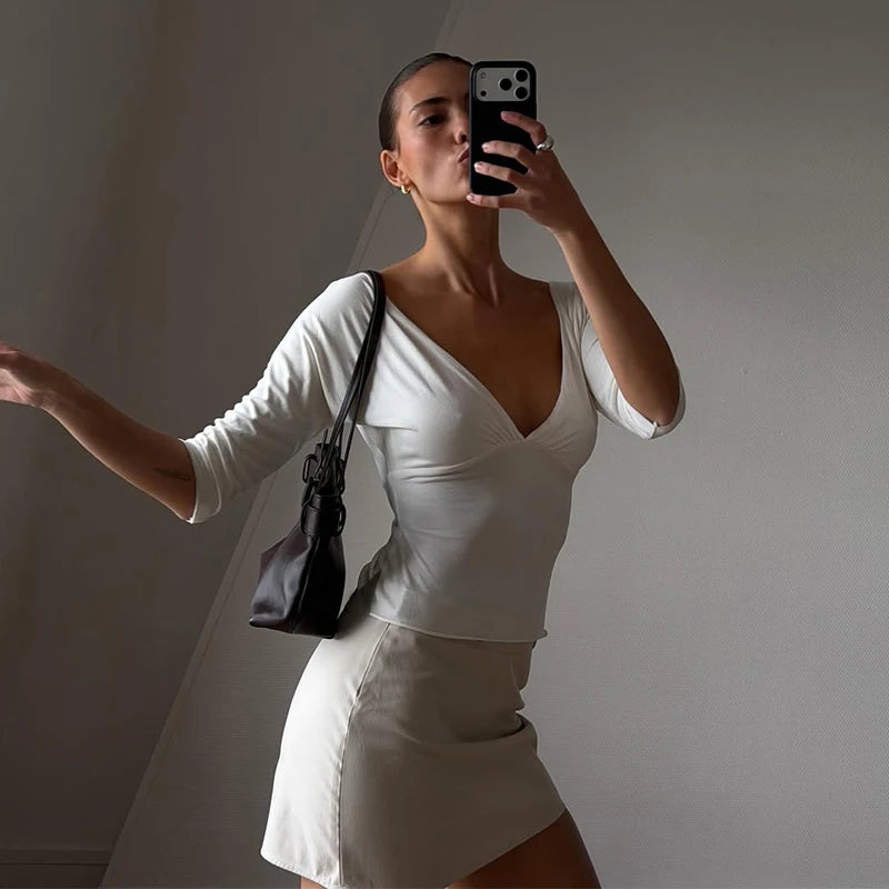 Elegant Women's Waist Cinched Solid T-shirts Slim Deep V-neck Half Sleeve Female Tops 2026 Spring Summer Lady All-match Top
