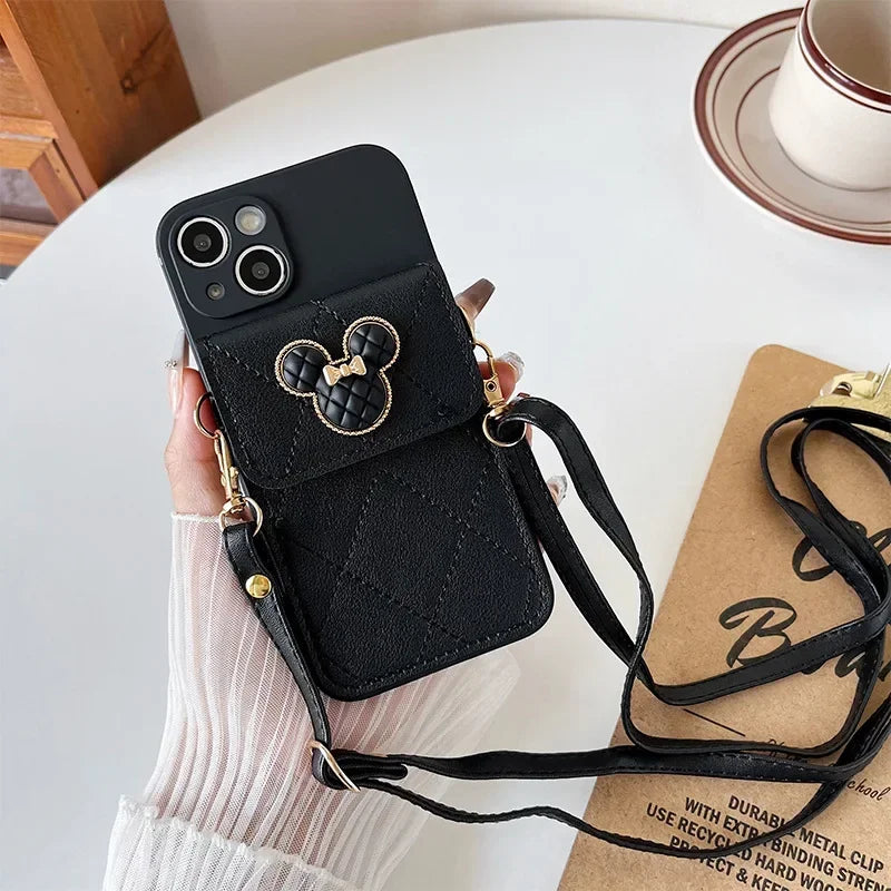 Cartoon Diamond Leather Wallet Case for iPhone 17 16 14 13 11 12 15 Pro Max Plus XS X 16E Card Holder Crossbody Lanyard Cover