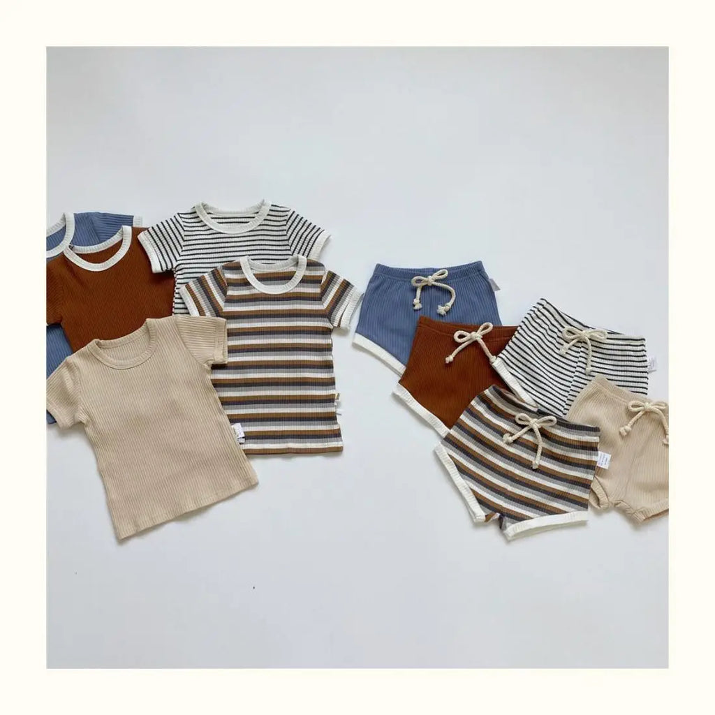 Summer 2 Pieces Toddler Infant Kid Baby Boy Clothes Sets Soft Short Sleeve T-shirt Tops Striped Shorts Summer Outifts Clothing