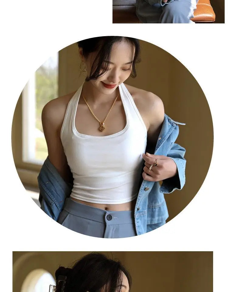 Halter Spaghetti Straps Vest for Women With Bra Padding Inner Wear Outer Wear Sexy Beauty Back Tanks Top