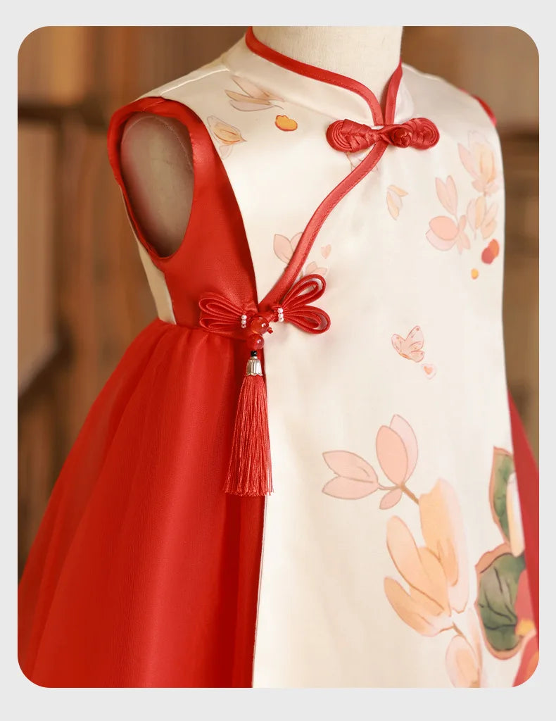 Summer Toddler Girl Clothes Chinese Style Fashion Princess Red Sleeveless Mesh Baby Dresses Luxury Birthday Kids Dress BC569