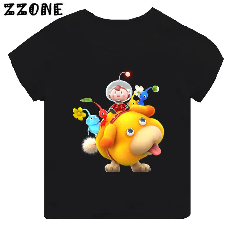 Hot Sale Video Game Pikmin 4 Print Cartoon Kids T-shirt Girls Clothes Baby Boys Black Short Sleeve T shirt Children Tops,TH5868