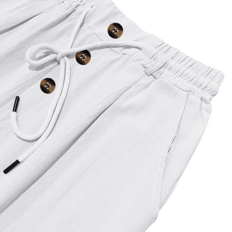 Men's Linen Pants Men's Lightweight Linen Blend Pants Jogging Men Casual Trousers with Button Design Basic Beach Vacation