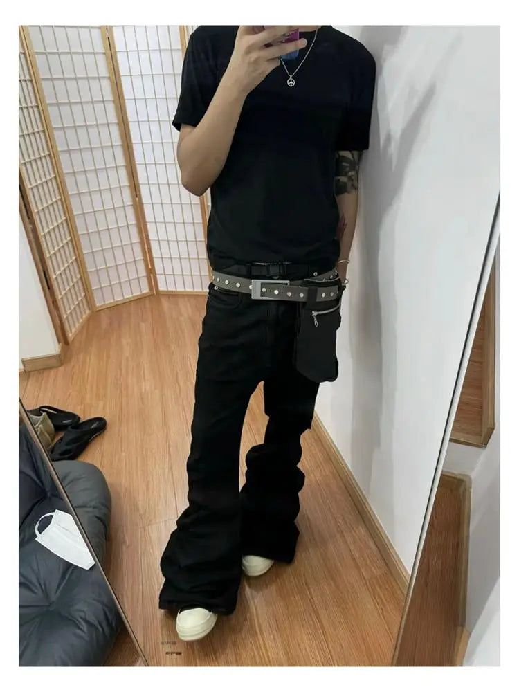 High Street RO Style Denim Pants Men's 24SS Basic Elastic Black Ribbon Loose Flared Streetwear Casual Jeans Pants Men Clothing