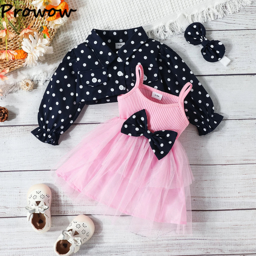 Prowow 3-24M Infant Baby Dresses Polka Dots Coat Jacket+Sleeveless Princess Mesh Dress Newborns Cute Baby Clothes Outfit Sets