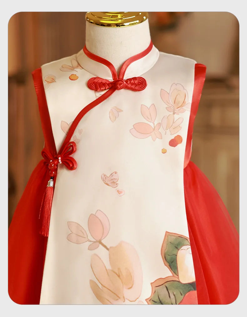 Summer Toddler Girl Clothes Chinese Style Fashion Princess Red Sleeveless Mesh Baby Dresses Luxury Birthday Kids Dress BC569