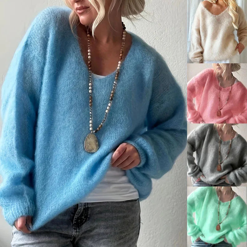 Lady Pullover Sweater Autumn Elegant V-neck Sweater Tops Causal Long Sleeve Solid Color Knitted Autumn Winter Womens Clothing