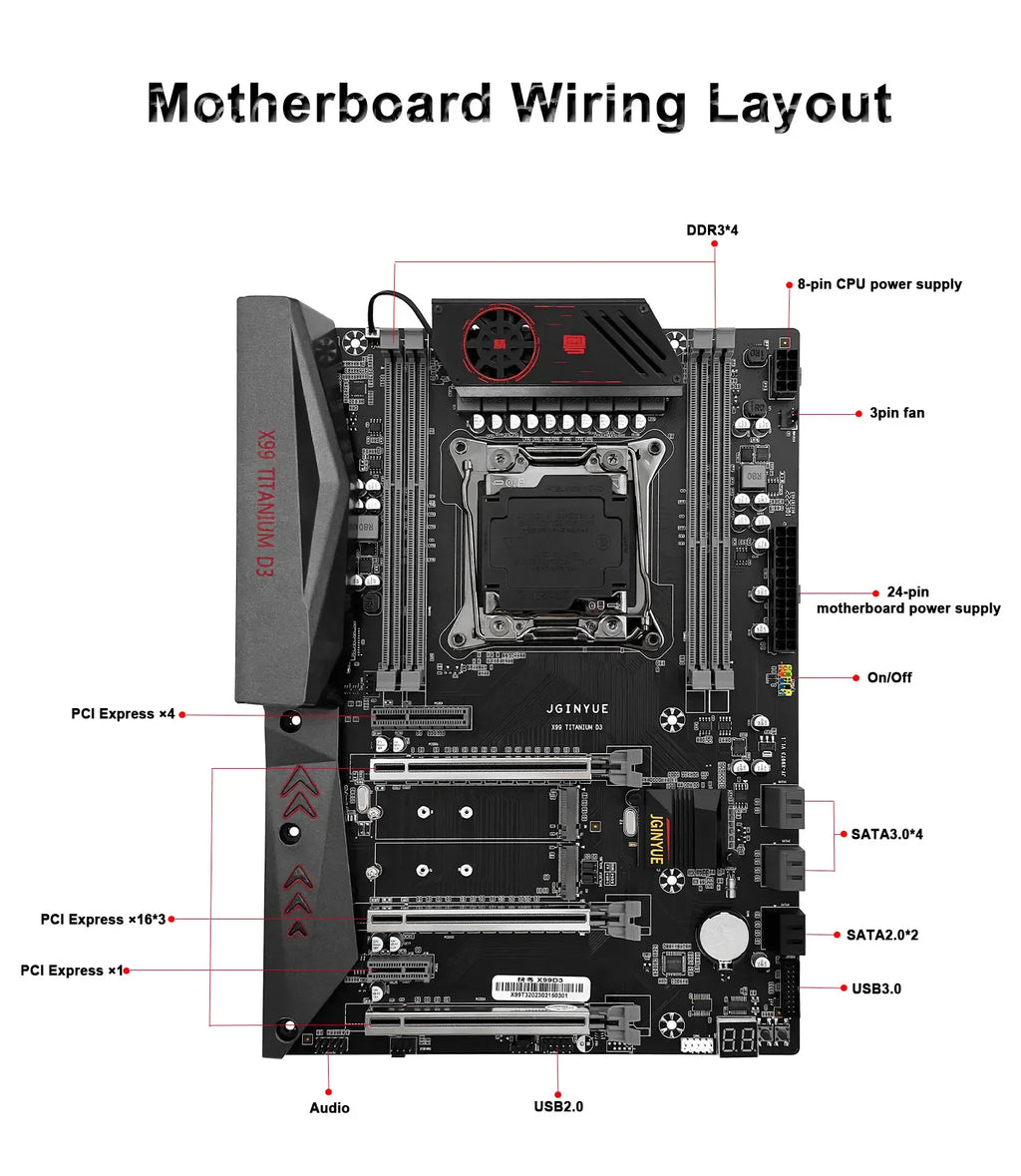 JGINYUE ATX X99 mainboard Intel LGA 2011-3 E5 V3 V4 DDR3 1333 1600MHz RAM M.2 NVME SATA USB 3.0 Server MB X99 TITANIUM D3