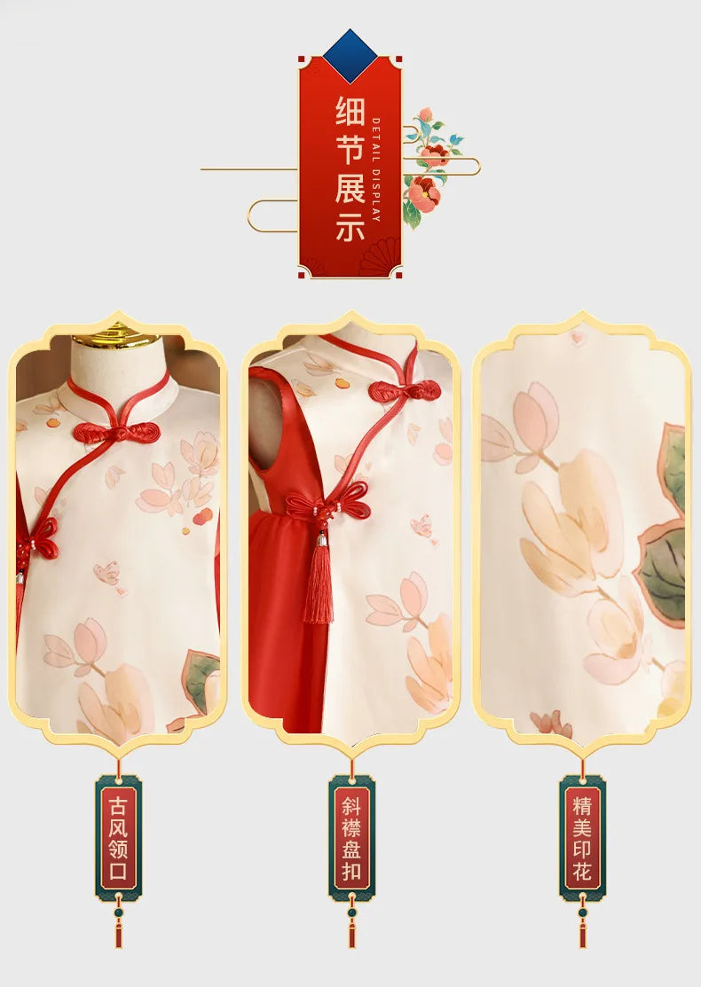 Summer Toddler Girl Clothes Chinese Style Fashion Princess Red Sleeveless Mesh Baby Dresses Luxury Birthday Kids Dress BC569