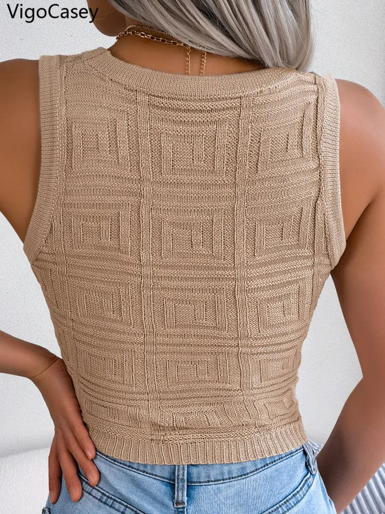 VigoCasey 2026 Summer Lady Sexy Bodycon Crop Top Women Solid Hollow Knit Vest Female Sleeveless Casual Club Short Tops Clothes