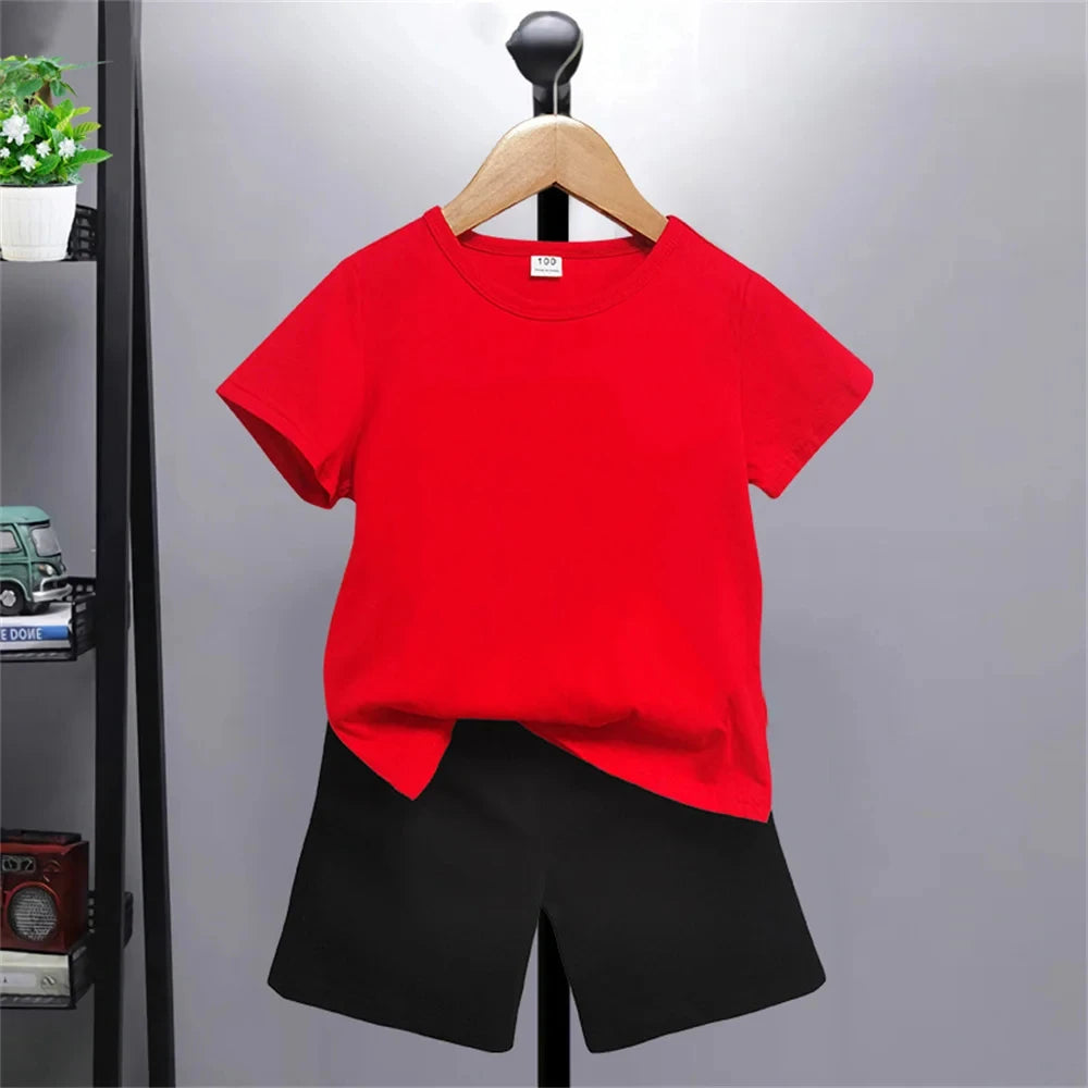 Summer Clothes Boys Girls Age 3-12 Tee+shorts suit Children Short Sleeve T-shirts Child Loose Casual Pink Black Fashion white