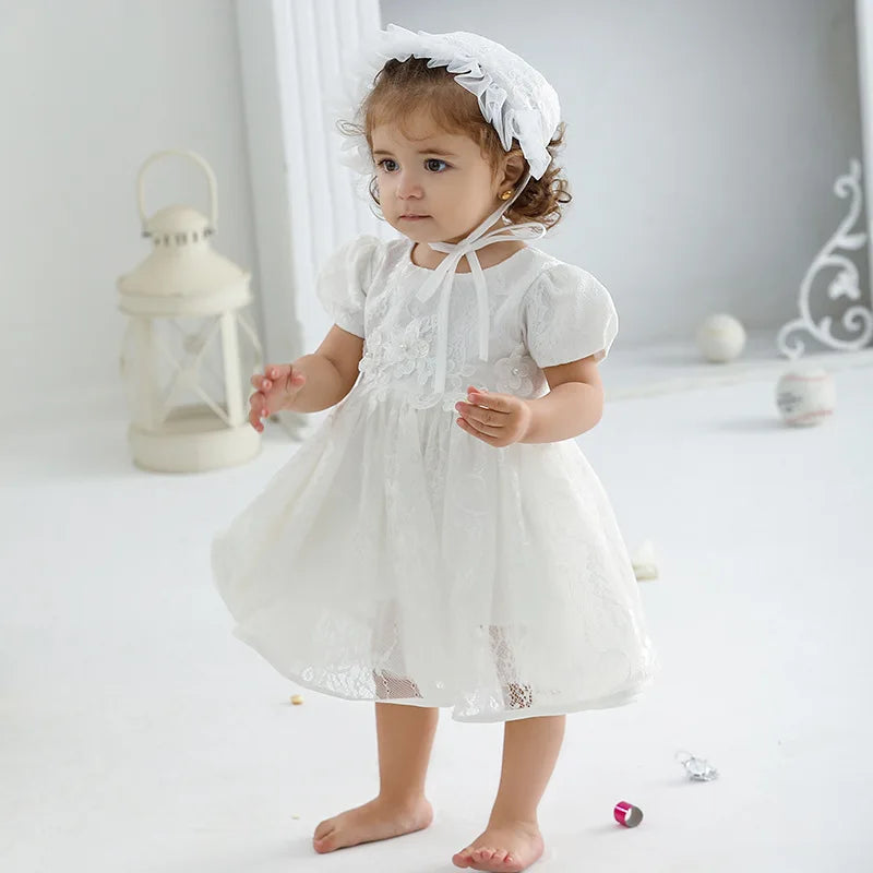 White Lace Baby Dresses + Hat For Christening 0 To 12 24 Months First Birthday Toddler Girl Clothes Infant One-piece Gown