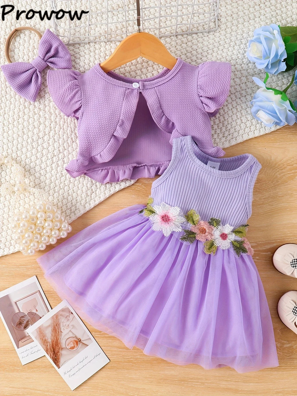 Prowow Baby Dresses With Coat Waffles Open Shirt Top and Pink Embroidery Floral Dress For Girls Birthday Party Kids Baby Clothes