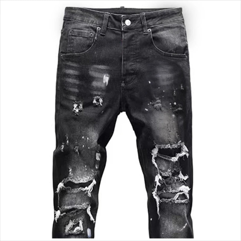 Vintage Washed Distressed Denim Jeans Men Paint Splatter Ripped Slim Fit Biker Trousers Street Style Hip Hop Pants for Guys