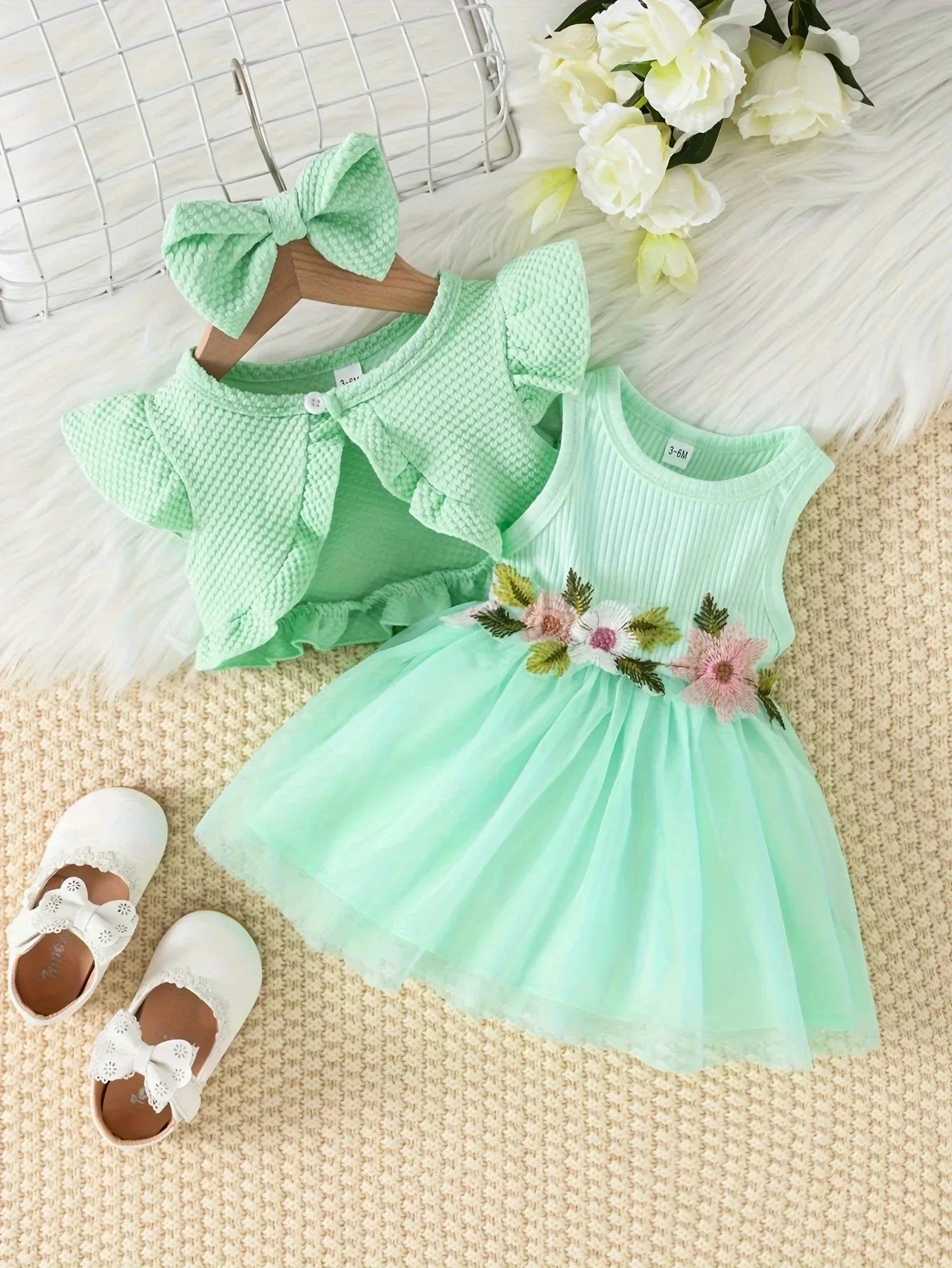 Prowow Baby Dresses With Coat Waffles Open Shirt Top and Pink Embroidery Floral Dress For Girls Birthday Party Kids Baby Clothes
