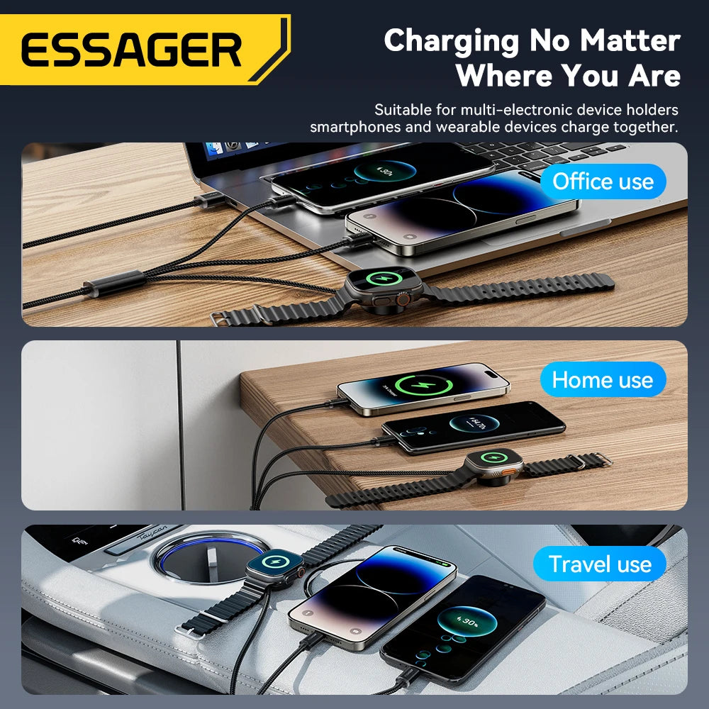 Essager 3 in 1 Multi USB A Charging Cable for Apple iWatch iPhone 16/15/14/13 Pro With USB Type C Lightning Fast Charging Cable