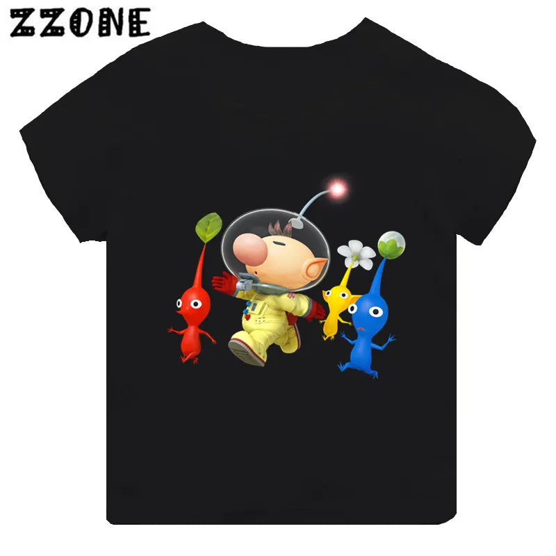 Hot Sale Video Game Pikmin 4 Print Cartoon Kids T-shirt Girls Clothes Baby Boys Black Short Sleeve T shirt Children Tops,TH5868
