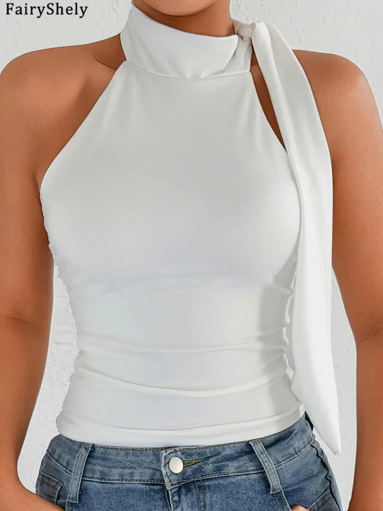 Fairyshely 2026 Sexy Summer Solid Sleeveless Off Shoulder Crop Top Women Tied Bodycon Tops Lady Backless Club Party Clothes