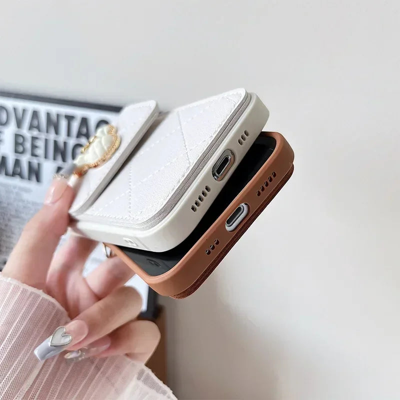 Cartoon Diamond Leather Wallet Case for iPhone 17 16 14 13 11 12 15 Pro Max Plus XS X 16E Card Holder Crossbody Lanyard Cover