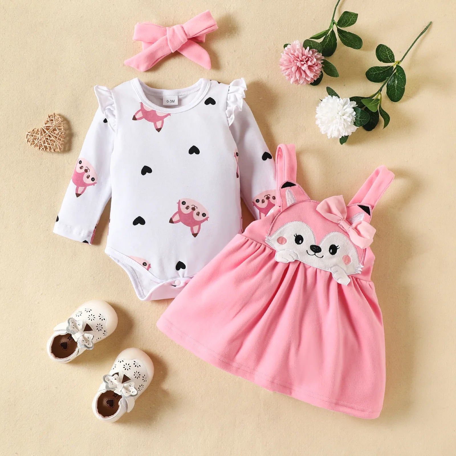 Prowow Cute Fox Baby Dresses For Girls Heart Print Romper+Suspender Fox Dress For Girls Fall Winter Newborn Baby Girl Clothes
