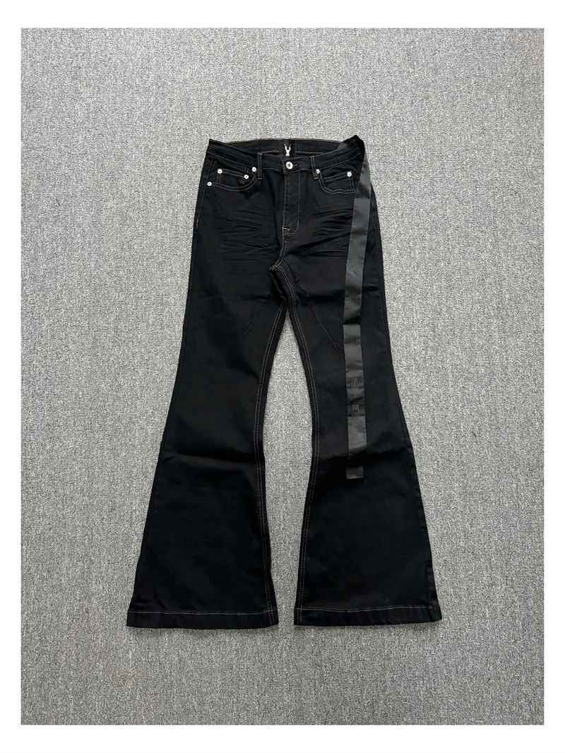 High Street RO Style Denim Pants Men's 24SS Basic Elastic Black Ribbon Loose Flared Streetwear Casual Jeans Pants Men Clothing