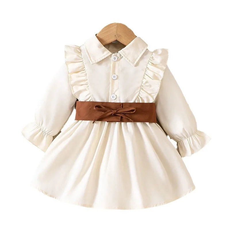 Prowow Baby Dresses Long Sleeve Beige Turn-Down Collar Shirt Dress With Waist Tape 2pcs Sets Newborn Toddler Girls Clothes