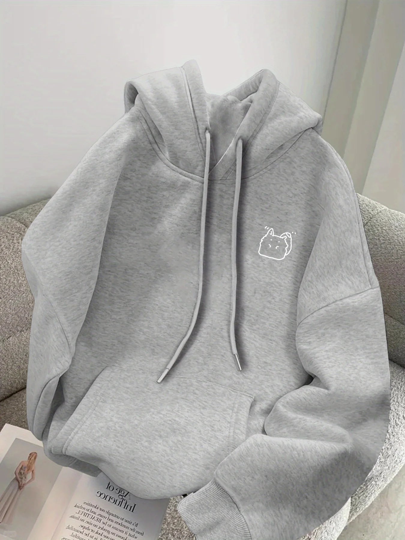 Minimalist Black Hooded Pullover, Casual Loose Sweatshirt with Front Pocket