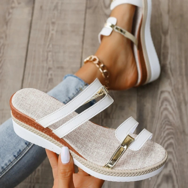 Summer Casual Color Blocking Sandals for Women Fashion Solid Comfortable Soft Leather Thick Soled Slope Woven Straw Sandals
