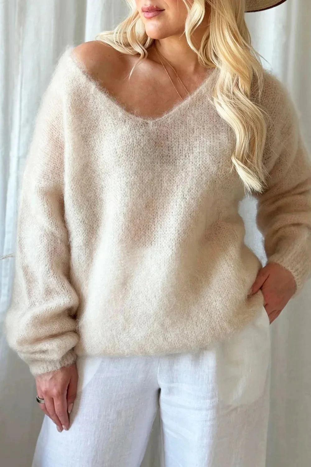 Lady Pullover Sweater Autumn Elegant V-neck Sweater Tops Causal Long Sleeve Solid Color Knitted Autumn Winter Womens Clothing