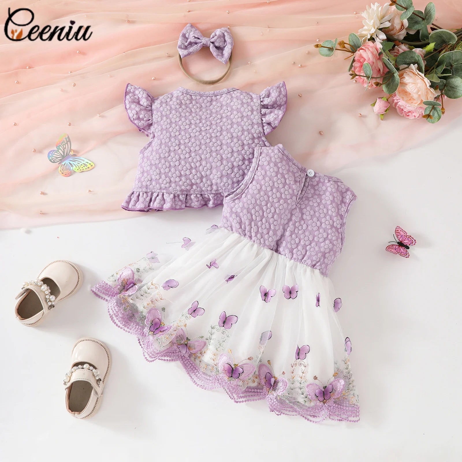 Ceeniu Baby Dresses For Birthday Long Sleeve Ruffles Bow Butterfly Party Dress For Girls 2024 Toddler Newborn Girl Clothes 2024