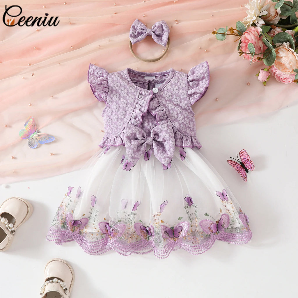 Ceeniu Baby Dresses For Birthday Long Sleeve Ruffles Bow Butterfly Party Dress For Girls 2024 Toddler Newborn Girl Clothes 2024