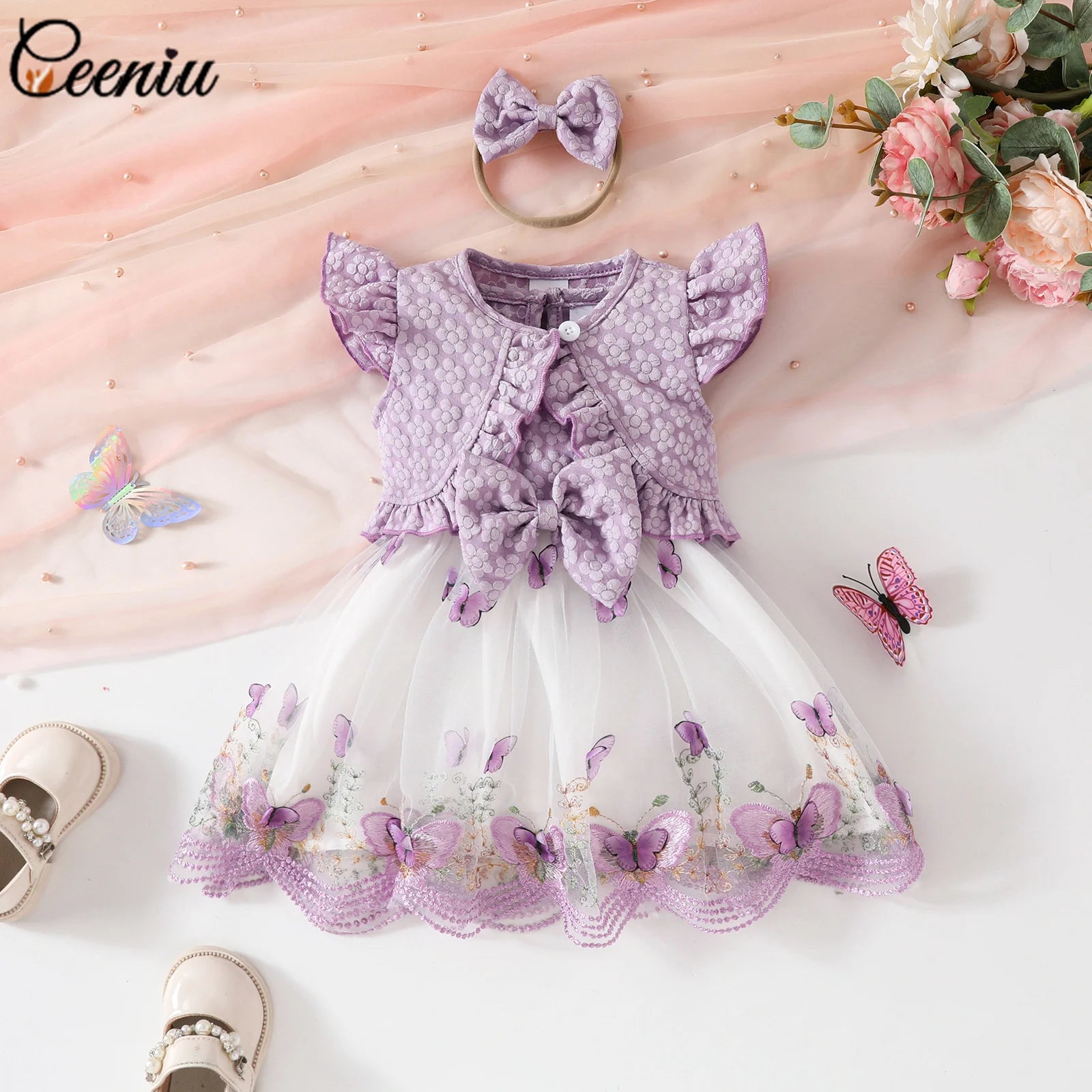 Ceeniu Baby Dresses For Birthday Long Sleeve Ruffles Bow Butterfly Party Dress For Girls 2024 Toddler Newborn Girl Clothes 2024