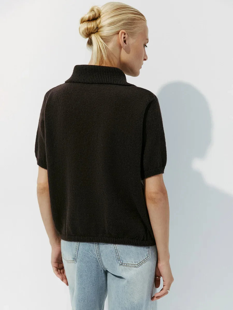 Casual Short Sleeve Knit Pullover For Women Lapel Patchwork See-Through Solid Commute Hollow Out Knitwear Sweater Pullover