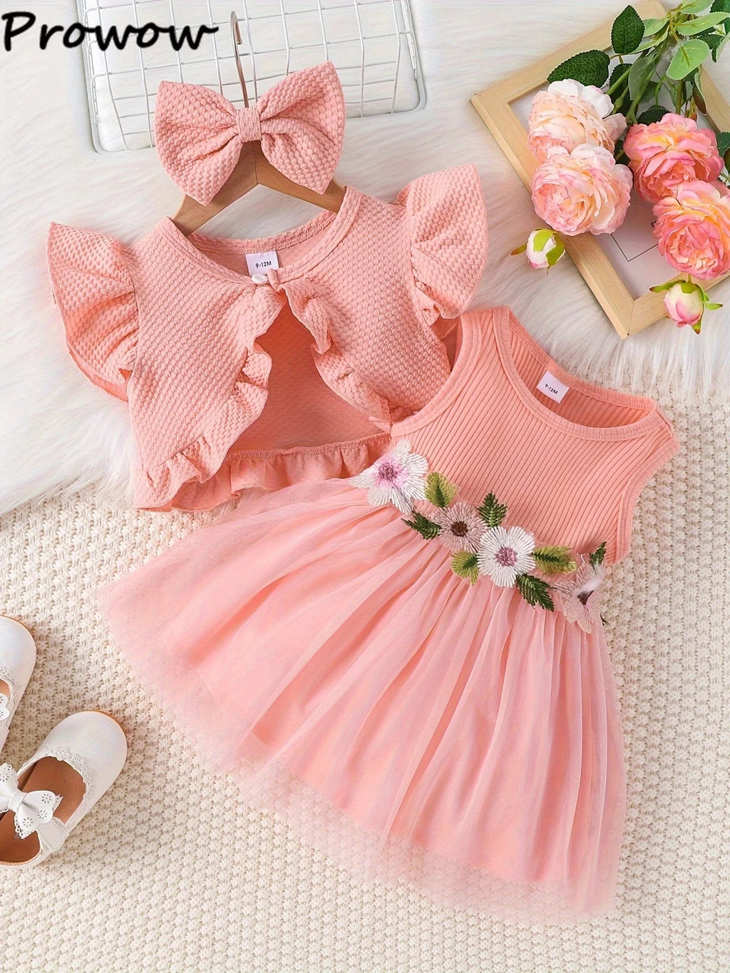 Prowow Baby Dresses With Coat Waffles Open Shirt Top and Pink Embroidery Floral Dress For Girls Birthday Party Kids Baby Clothes