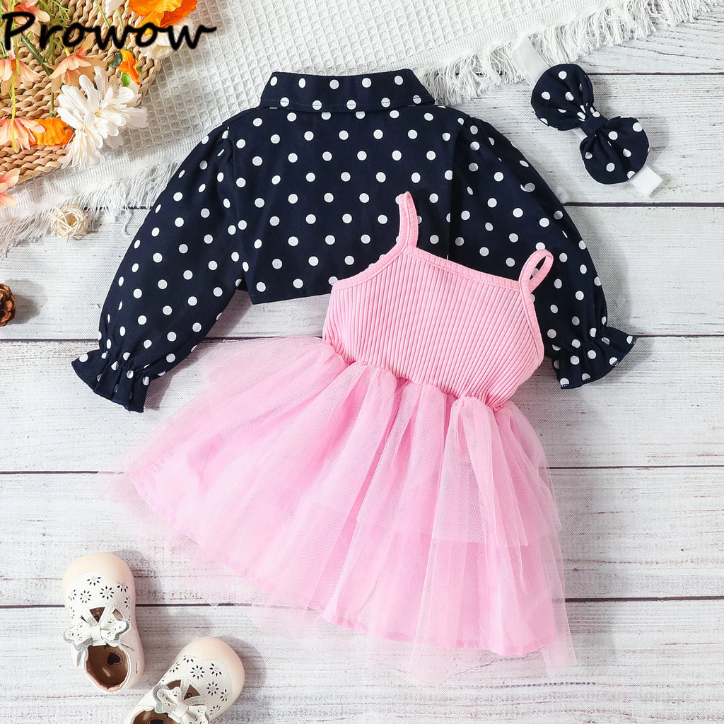Prowow 3-24M Infant Baby Dresses Polka Dots Coat Jacket+Sleeveless Princess Mesh Dress Newborns Cute Baby Clothes Outfit Sets