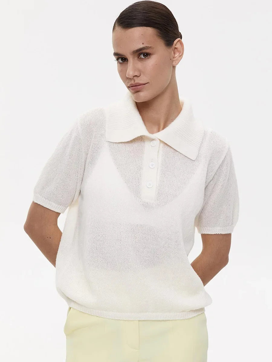 Casual Short Sleeve Knit Pullover For Women Lapel Patchwork See-Through Solid Commute Hollow Out Knitwear Sweater Pullover