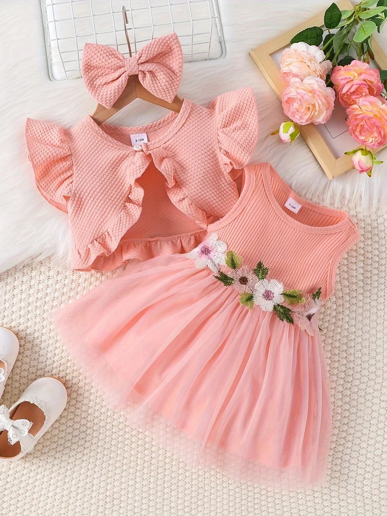 Prowow Baby Dresses With Coat Waffles Open Shirt Top and Pink Embroidery Floral Dress For Girls Birthday Party Kids Baby Clothes