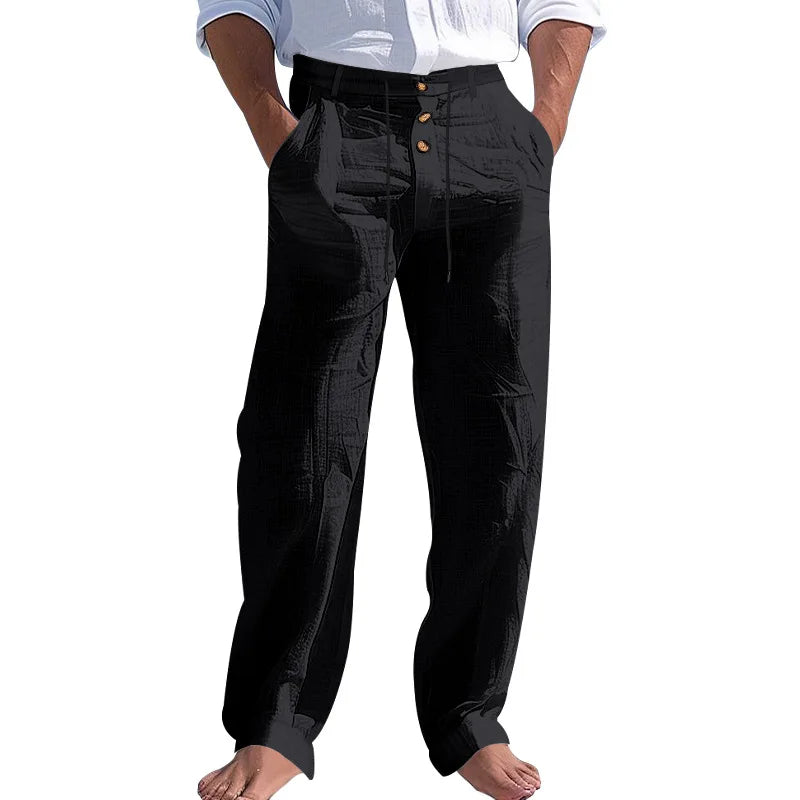 Men's Linen Pants Men's Lightweight Linen Blend Pants Jogging Men Casual Trousers with Button Design Basic Beach Vacation