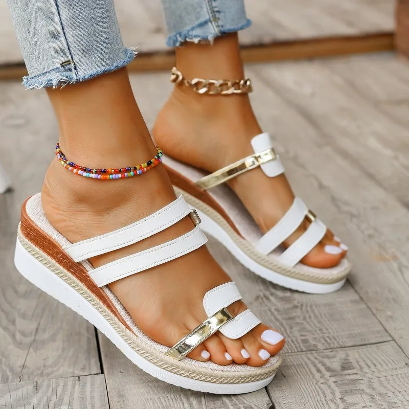 Summer Casual Color Blocking Sandals for Women Fashion Solid Comfortable Soft Leather Thick Soled Slope Woven Straw Sandals