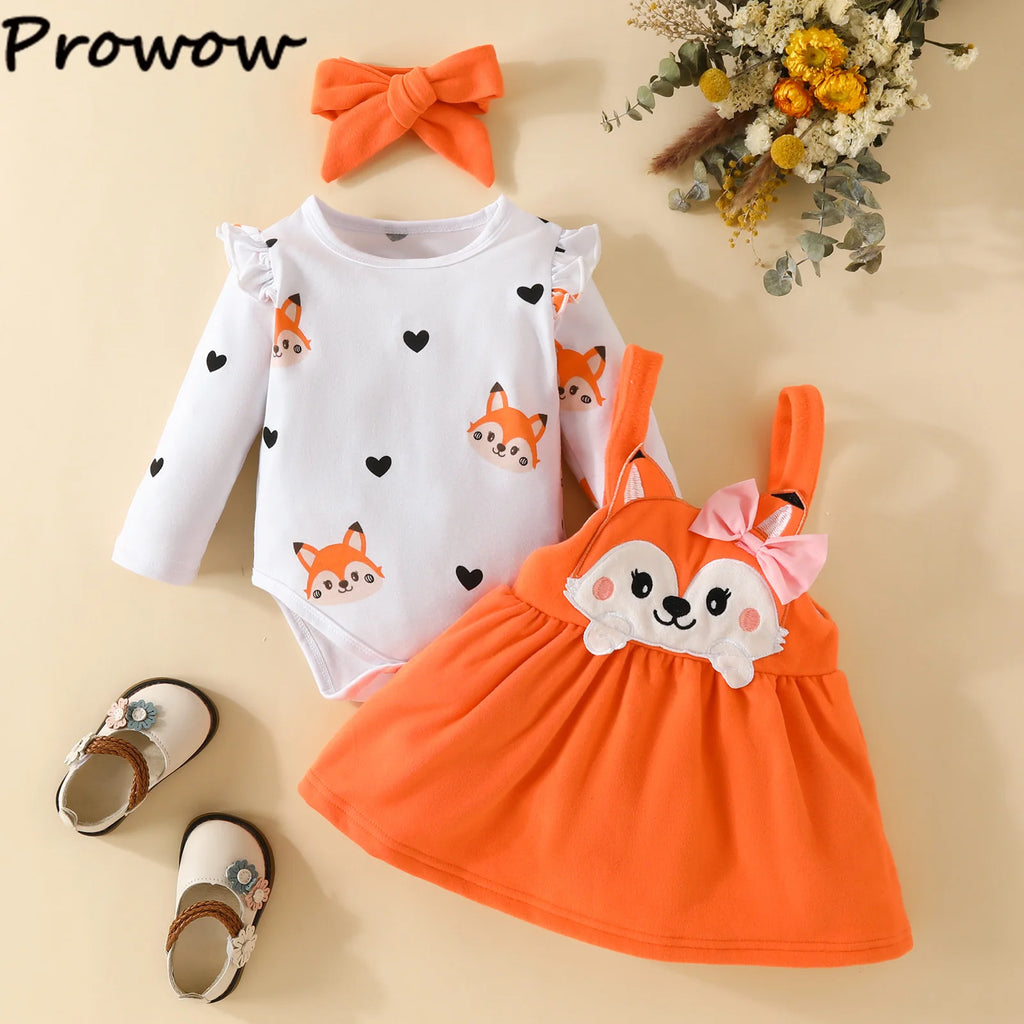 Prowow Cute Fox Baby Dresses For Girls Heart Print Romper+Suspender Fox Dress For Girls Fall Winter Newborn Baby Girl Clothes
