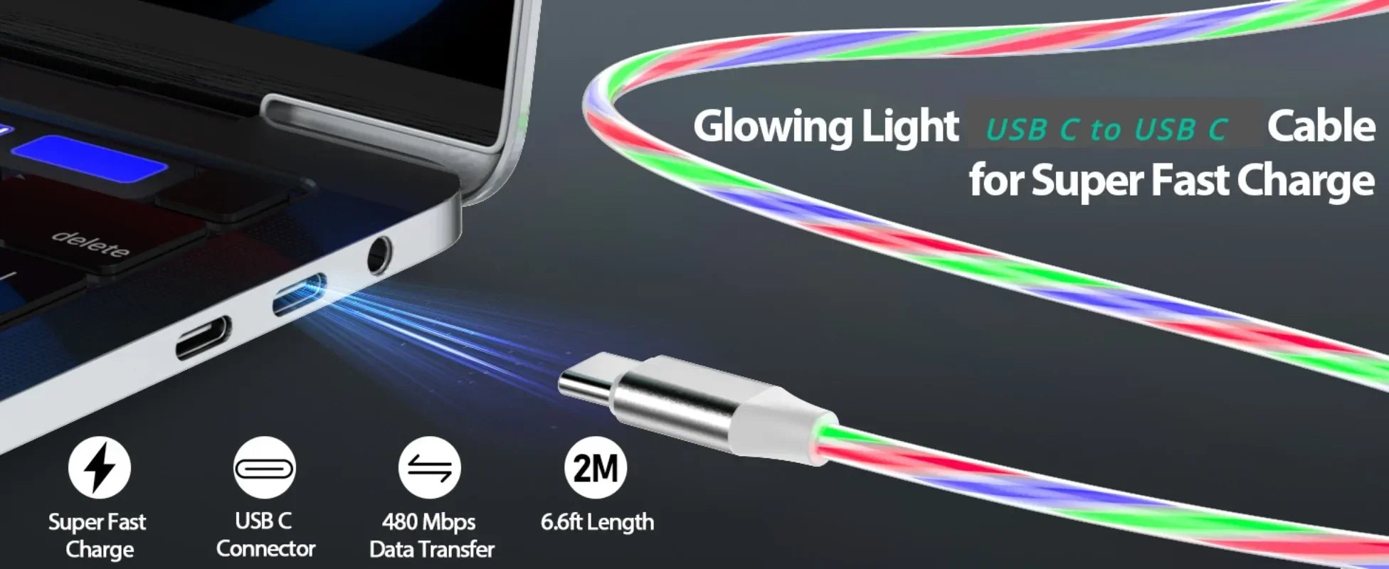 LED PD 60W USB Type C to USB C Cable for iPhone 15 Pro Max Xiaomi Huawei  Fast Charging Charger Data Cable USB-C Cable 1m 2m