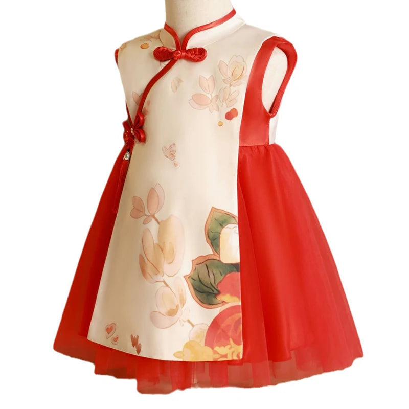 Summer Toddler Girl Clothes Chinese Style Fashion Princess Red Sleeveless Mesh Baby Dresses Luxury Birthday Kids Dress BC569