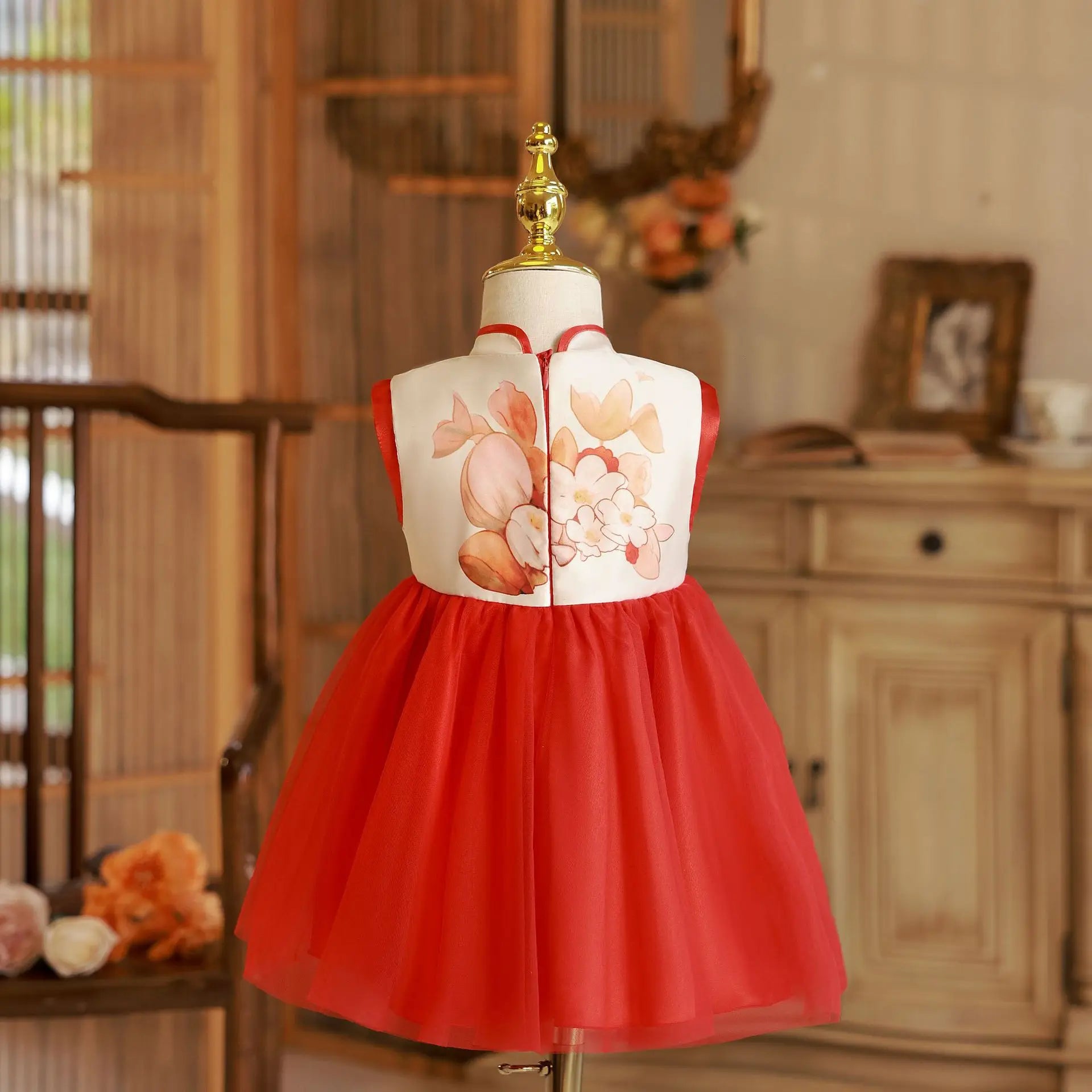 Summer Toddler Girl Clothes Chinese Style Fashion Princess Red Sleeveless Mesh Baby Dresses Luxury Birthday Kids Dress BC569