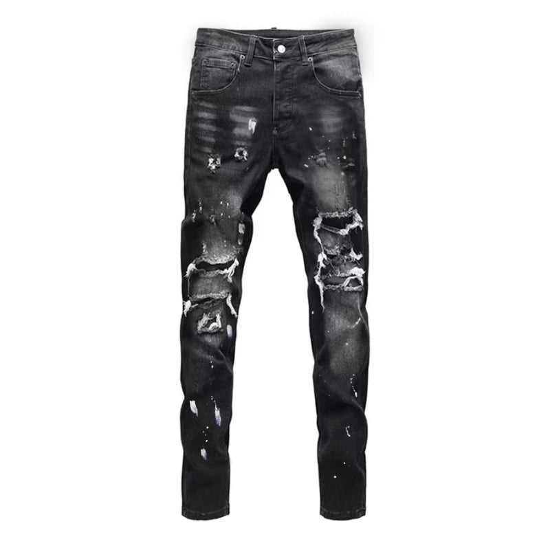 Vintage Washed Distressed Denim Jeans Men Paint Splatter Ripped Slim Fit Biker Trousers Street Style Hip Hop Pants for Guys