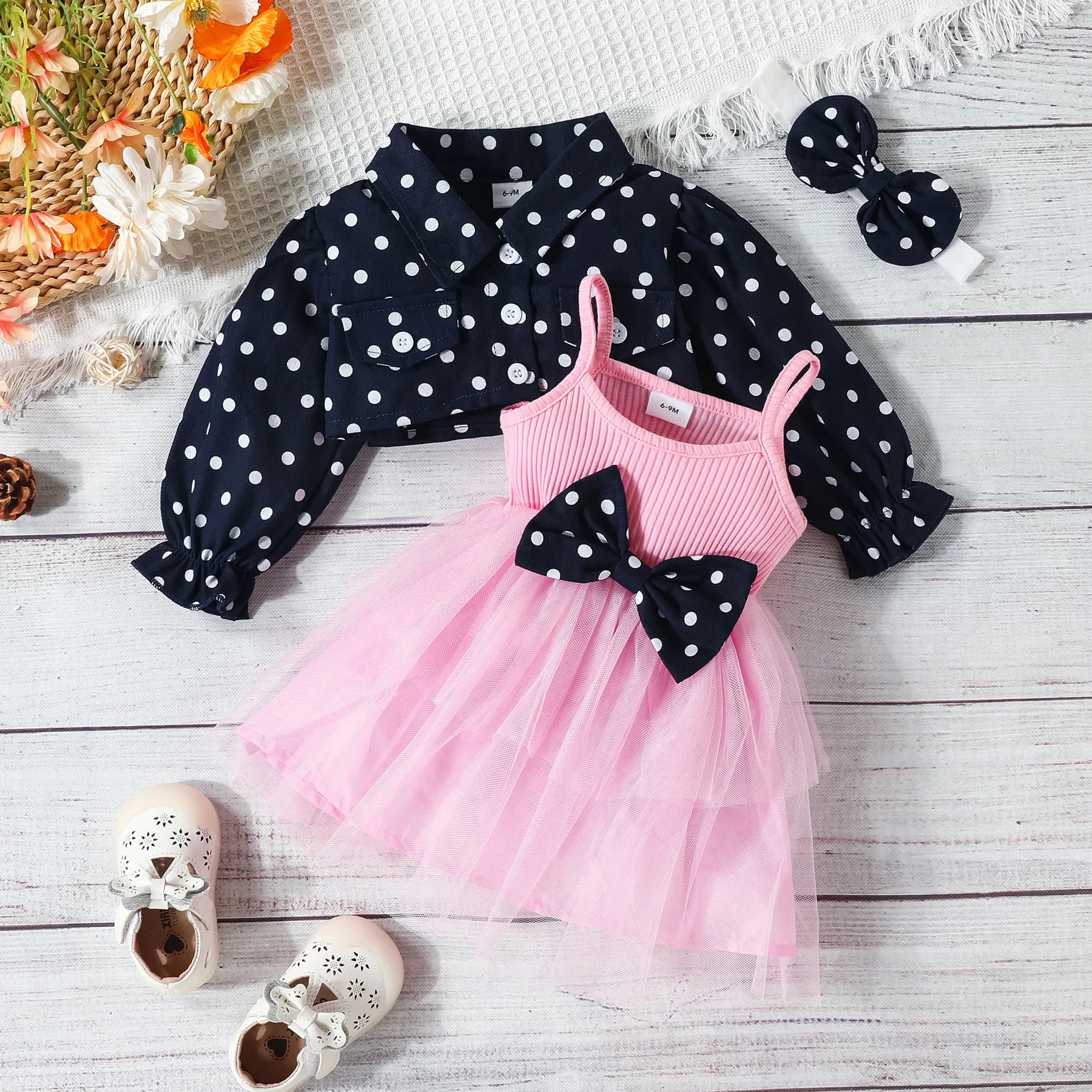 Prowow 3-24M Infant Baby Dresses Polka Dots Coat Jacket+Sleeveless Princess Mesh Dress Newborns Cute Baby Clothes Outfit Sets