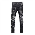 Vintage Washed Distressed Denim Jeans Men Paint Splatter Ripped Slim Fit Biker Trousers Street Style Hip Hop Pants for Guys