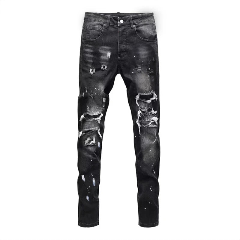 Vintage Washed Distressed Denim Jeans Men Paint Splatter Ripped Slim Fit Biker Trousers Street Style Hip Hop Pants for Guys