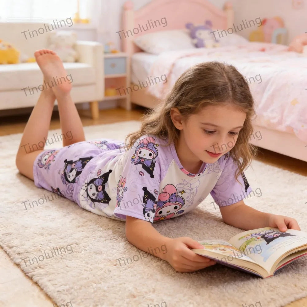 3 to 12 Years Girls Pajamas Summer Pyjamas Sets Kids Hello Kitty Cat Kuromi Tops+Short Pants Sleep Wear Little Girl Clothing