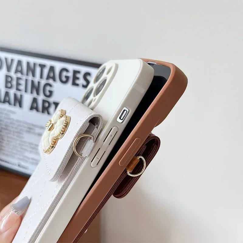 Cartoon Diamond Leather Wallet Case for iPhone 17 16 14 13 11 12 15 Pro Max Plus XS X 16E Card Holder Crossbody Lanyard Cover