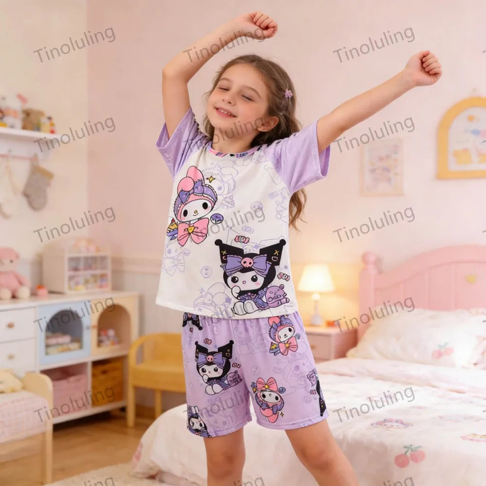 3 to 12 Years Girls Pajamas Summer Pyjamas Sets Kids Hello Kitty Cat Kuromi Tops+Short Pants Sleep Wear Little Girl Clothing